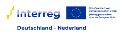 Logo Interreg IV: links grünes Symbol, rechts davon Schriftzug obere Hälfte hellblau, untere Hälfte dunkelblau „Interreg, darunter blaue Schrift „Deutschland – Nederland“, oben rechts Europaflagge (blauer Hintergrund mittig Kreis aus 12 goldenen Sternen), rechts davon blaue Schrift „(Ko-)finanziert von der Europäischen Union“, darunter „(Mede) gefinancierd door de Europease Unie“