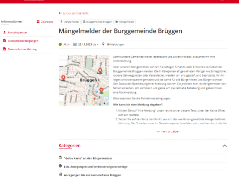 Auszug Internetseite Mängelmelder: oben links Logo Burggemeinde Brüggen, oben rechts „Beteiligung NRW Burggemeinde Brüggen“, darunter roter Balken mit weißer Schrift für Unterseiten, Symbole Lupe und Person, linke Spalte „Informationen“ & in rot „Kontaktperson“, „Teilnahmebedingungen“, „Datenschutzerklärung“, rechte breite Spalte Überschrift „Mängelmelder der Burggemeinde Brüggen, darunter Balken mit Status, Datum & Anzahl Meldungen, Bild links, rechts Text, darunter „Kategorien“, 6 Kategorien mit Bildern 